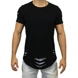 Camisa Oversized Longline Manga Rasgada Roupa Masculina Lisa