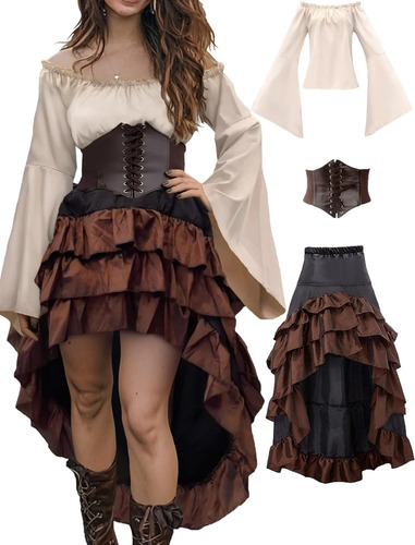 Traje De Pirata For Mujer Con Camisa Renacentista, Falda Y