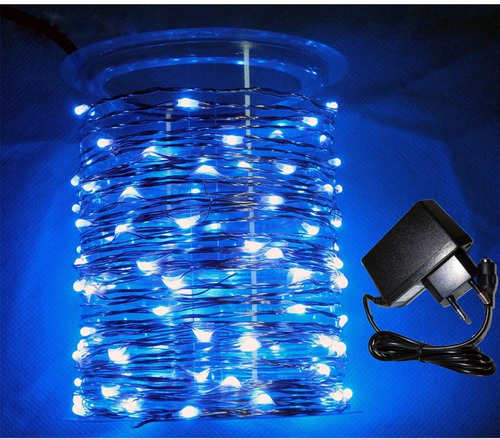 4 Fio Cobre Luz Fadas Azul 100 Leds 10m + Fonte Bivolt Decor
