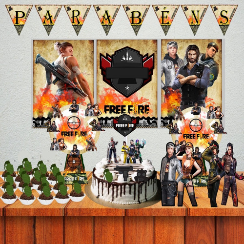 Topo Bolo Free Fire Kit Decoração Monta Facil Festa Niver