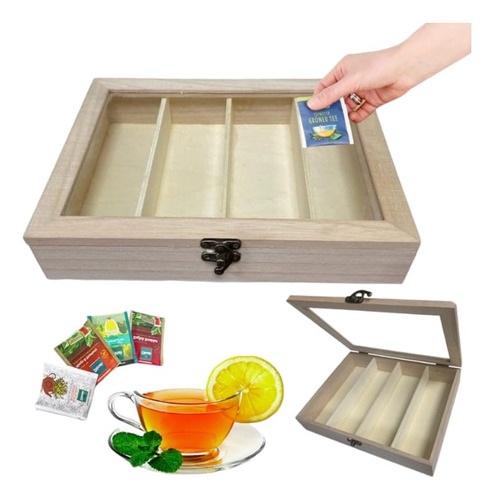 Caja De Te Madera Caja Para Té Rustico 4 Compartimientos 