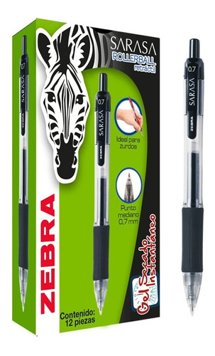 Zebra Sarasa 0.7mm Bolígrafo De Gel Negro Mediano Caja 12 Pz