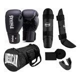 Kit Muay Thai Luva Caneleira Bolsa Band. Bucal Preto Fheras