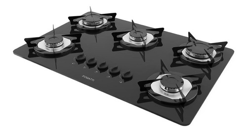 Cooktop Fogatti À Gás Fgt 5b Vidro Preto Flange Inox Bivolt