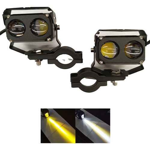 Par Faro Auxiliar Led Doble Lupa Para Moto Blanco Y Amarillo