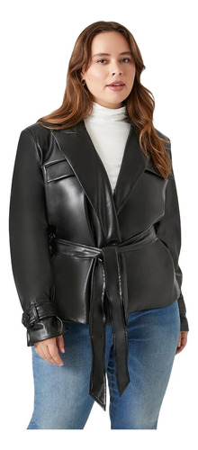 Campera Negra Cuero Ecologico Forever 21 Con Lazo Plus Size