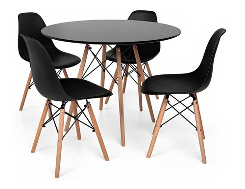 Comedor Mesa Eames Redonda Negra 100cm + 4 Sillas Eames Negr