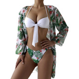 Conjunto Bikini + Saída De Praia Kimono Feminino Estampado