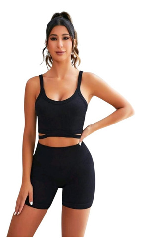 Conjunto Deportivo Biker + Crop Top Push Up- Negro  Ref 5170