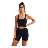 Conjunto Deportivo Biker + Crop Top Push Up- Negro  Ref 5170