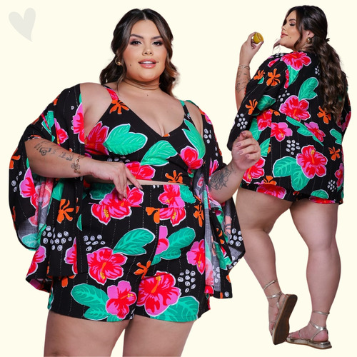 Conjuntos Femininos Short Kimono Plus Size Com Manga Revenda