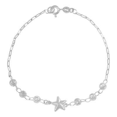 Pulsera De Plata 925 Con Estrella Y Bola Diamantada 18 Cm Color Plateado Diámetro 6 cm Largo 18.5 cm | Meses sin interés
