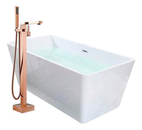 Solana Kit Tina De Baño Blanca Rectangular De Acrílico Slim 150x80x60 Cm + Grifo Independiente Monomando Gold Rose / Kit De Lujo Bañera Con Acrílico Con Alto Brillo Para Cuarto De Baño