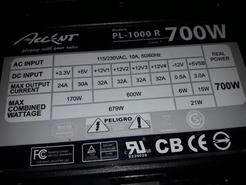 Fuente Pc Atx Accent Pl-1000r 700w Psu