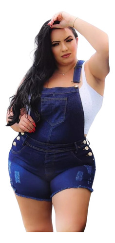 Jardineira Jeans Plus Size Shorts Lycra Macacão Cintura Alta