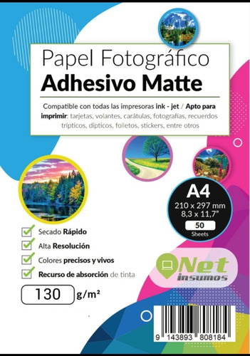 Papel Fotográfico Adhesivo Matte A4 130g 50hojas