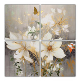80x80cm Cuadro Floral Blanco Y Oro Con Mariposas Flores