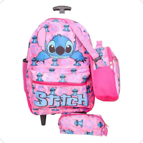 Kit Mochila Rodinha Escolar Juvenil Infantil Lancheira Rosa