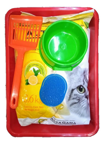 Kit Sanitario Gatos Bandeja Palita Comedero Cepillo Piedras 