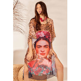 Kaftan De Tule Transparente Curto Animal Print Frida Kahlo Y