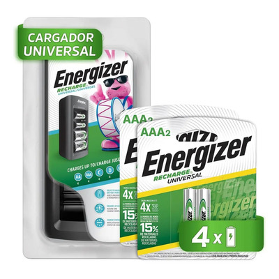 Energizer - Cargador Universal 4 Puertos 127V (110V), Para Pilas Recargables AA, AAA (AAAC), C, D y 9V - Incluye 4 AAA 700 mAh, Indicador de Carga | Meses sin interés