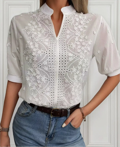 Blusa De Lino De Algodón C\u002Fcuello Solapa Manga Corta De Dama | MercadoLibre