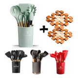 Kit Utensílios Cozinha Silicone Cabo Madeira+brinde Presente