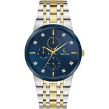 Reloj Bulova 98d180 Para Caballero Original Time Square Color De La Correa Plateado/dorado Color Del Bisel Azul Color Del Fondo Azul