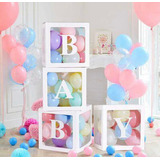 Caixa Cubo Quadrado Decorativo Visor Balões + Letra Baby 4un