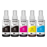 Kit 5 Refil Preto Tinta Para Epson 664 L110 L120 L200 L220 Tinta Black, Ciano, Magenta E Amarelo