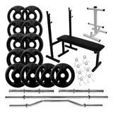 Kit Musculação Fitness 24kg Anilhas Revestida Barras E Banco