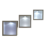 Trio Nichos Quadrado Branco Em Mdf Com Led Toque + Pilhas