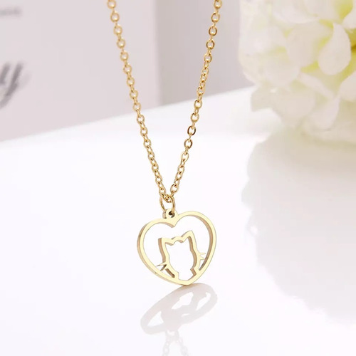 Collar Dije De Corazon Gato Para Regalo Mujer Dorado Y Plata