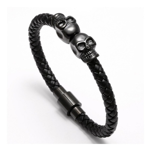 Pulsera Calavera Hombre Brazalete Negro De Cuero Cráneo