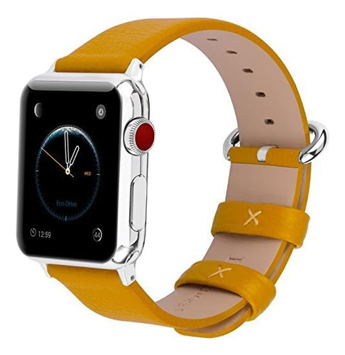 Correa Cuero Para Apple Watch 42/44/45/49 Amarillo/plateado