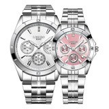 Duo Reloj Pareja Acero Inoxidable Contra Agua Lg8342 Correa Blanco Rosa