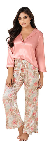 Pijama Pantalón Satín Estampado + Camisa 3/4 | Carol 50019