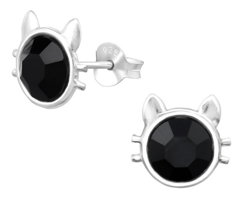 Aros Apegados Plata 925, Zircón Negro Onix Gato Gatito Mujer