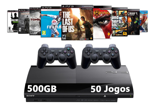 Sony Playstation 3 Super Slim 500gb Standard +50 Jogos + 2 Controles + Minecraft + Gta + Naruto