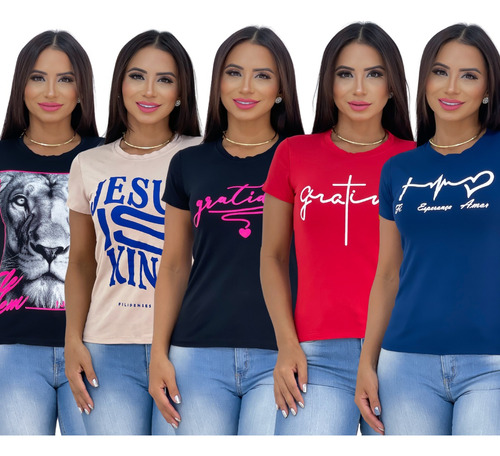 Kit 5 Blusas T-shirt Frases Evangélicas P Ao Gg Atacado