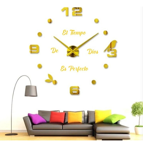 Reloj De Pared 3d 100 X 100 Cm Color Dorado +frase En Vinilo