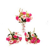 Planta Artificial Flores Rosa Pastel Pack 3 Ramos Decoración