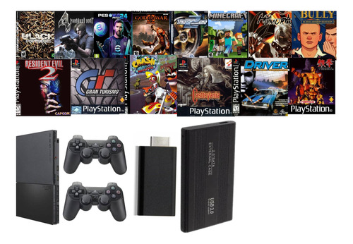 Ps2 Slim Com 2 Controles Com Fio E Hd 500 Gb Opl (sem Leitor)