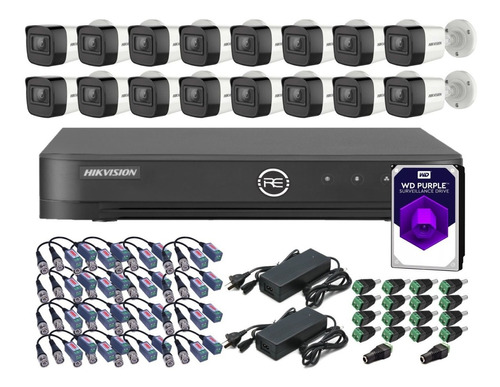 Hikvision Dvr 16ch 1080 Lite + 16 Camaras 1080p Full Hd Exterior Balun Disco Purple 2tb Balun Fichas Y Fuentes