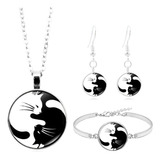 Preto Branco Yin Yang Gato Pingente Colar Pulseira Brinco