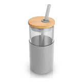 Vaso Vidrio Tronco Con Tapa Bambu Y Popote Color Gris 470ml