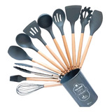 Kit 12 Utensílios De Cozinha Em Silicone E Cabo De Madeira