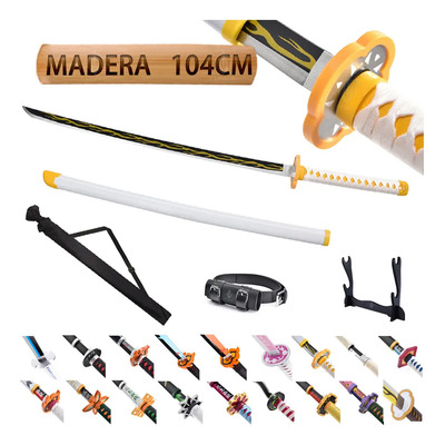Ludede Agatsuma Zenitsu Madera Katana - 104cm Demon Slayer Anime Katana Con Cinturón, Soporte Y Bolsa - Espada Perfecta Para Cosplay, Colección D - Agatsuma Zenitsu