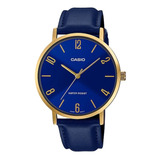 Reloj De Pulsera Casio Dress Mtp-vt01 De Cuerpo Color Dorado, Analógico, Para Hombre, Fondo Azul, Con Correa De Cuero Color Azul, Agujas Color Dorado, Dial Dorado, Bisel Color Dorado Y Hebilla Simple