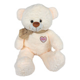 Urso De Pelúcia Com Lacinho Coração Bordado 60cms - Creme